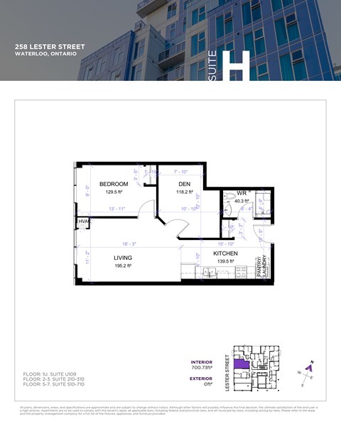 A floor plan for a suite at 258 Lester Street in Waterloo, Ontario, showing a bedroom, living room, kitchen, and bathroom.